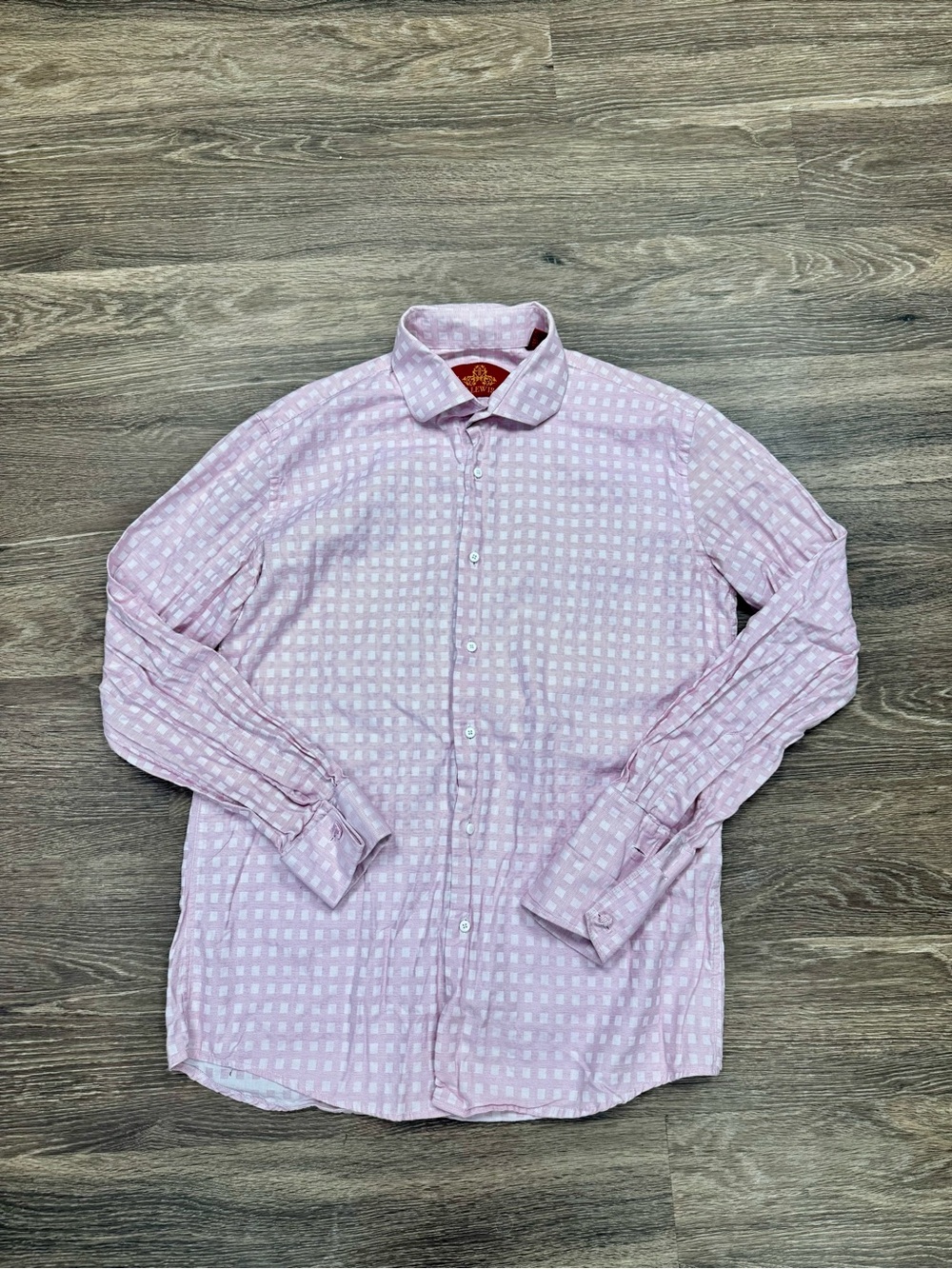R. Lewis Pink White Check 100% Cotton Dress Shirt 16.5 34/35 Contemporary Fit